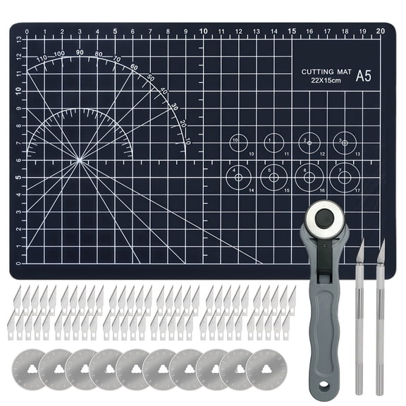 Rotary Cutter Set with Self Healing A5 Cutting Mat (22x15cm) - 28mm Fabric Cutter with 10 Rotary Blades, 60 Knife Blades & 2 Craft Knives for Sewing, Quilting, Scrapbooking, DIY Crafts