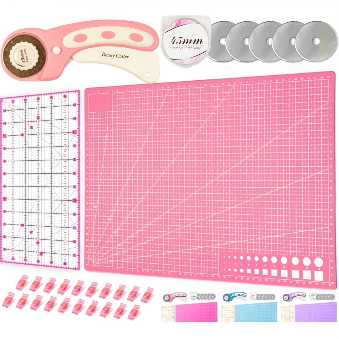 Rotary Cutter Set pink - Quilting Kit incl. 45mm Fabric Cutter, 5 Replacement Blades, A3 Cutting Mat, Acrylic Ruler and Craft Clips - Ideal for Crafting, Sewing, Patchworking, Crochet & Knitting x