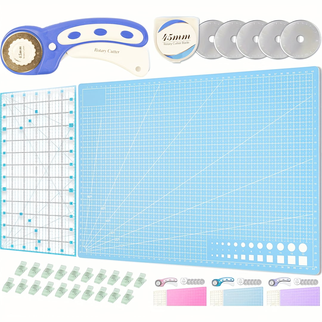 Rotary Cutter Set pink - Quilting Kit incl. 45mm Fabric Cutter, 5 Replacement Blades, A3 Cutting Mat, Acrylic Ruler and Craft Clips - Ideal for Crafting, Sewing, Patchworking, Crochet & Knitting x