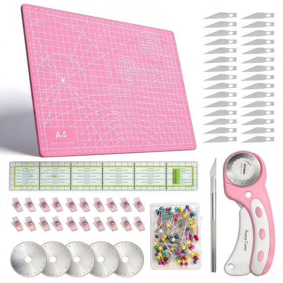 45mm Rotary Cutters Set -Rotating Fabric Cutting Tool Set with 5 Blades, with A4 Self Healing Cutting Mat, Acrylic Ruler and Sewing Clip, Positioning Needle, Cutting Knife ,Suitable for DIY Crafting