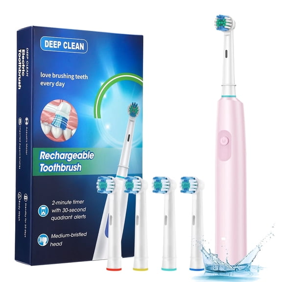 Rotary Electric Toothbrush for Adults, 5 Modes& 4 Soft Brush Heads, 2-Min Timer, Powerful 7500 RPM, Oral care for Her, Pink