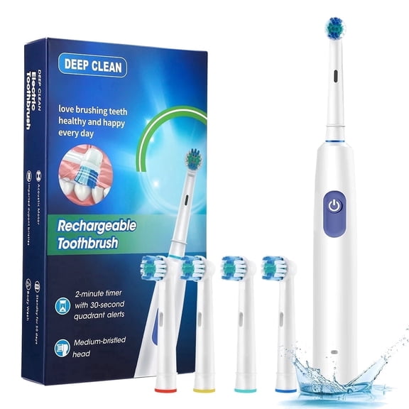 Rotating Electric Toothbrush for Adults, Rechargeable Rotary Toothbrush with 5 Modes and 2 Min Smart Timer, 4 Brush Heads, IP67 Waterproof, Last 30 Days, White