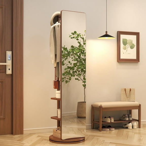 Rotary Full Length Mirror, 69"x16", Unique Solid Wood Oversized Floor Mirror with Coat Rack, Full Body Mirror for Bedroom, Entryway, Living Room (Walnut)