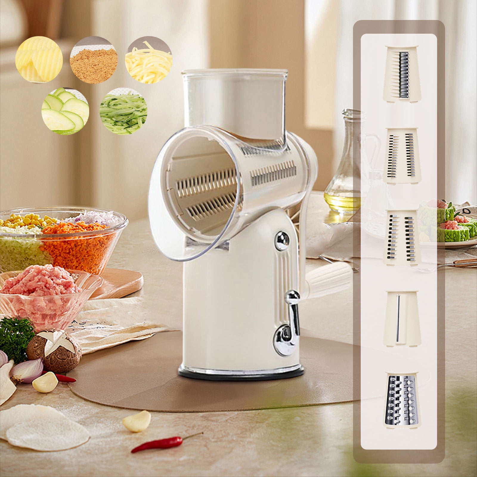 Rotary Grater With Handle | 5-in-1 Manual Food Processor for Slicing & Shredding | Kitchen Tool for Cheese, Vegetables & Fruits | Includes 5 Stainless Steel Blades & Suction Base