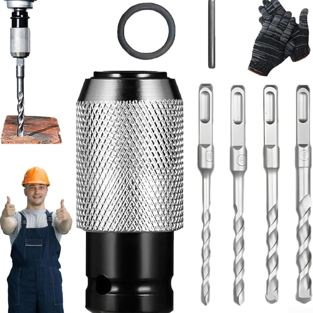 Rotary Hammer Adapter Set With Four Metal Drill Bits Designed For Wood, Concrete, And Stone Drilling Featuring Square Shank And Leather Ring For Secure Fit On Power Tools