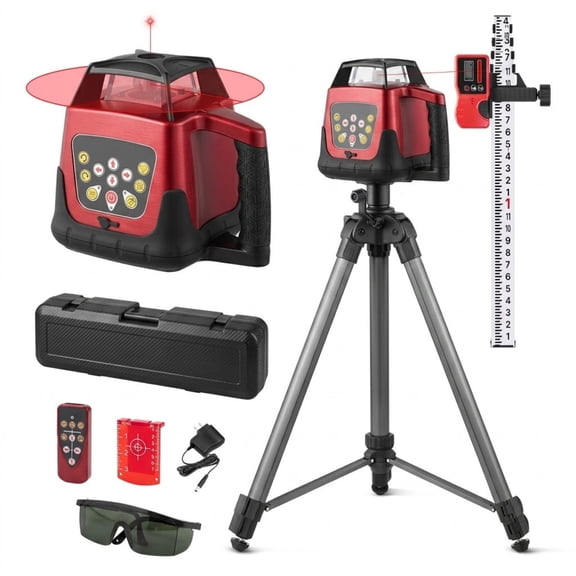 Rotary Laser Level Kit, 1650ft 360-Degree Self-Leveling Red Horizontal Laser Transit with Tripod, Receiver, Remote & Grade Rod, IP66 Waterproof