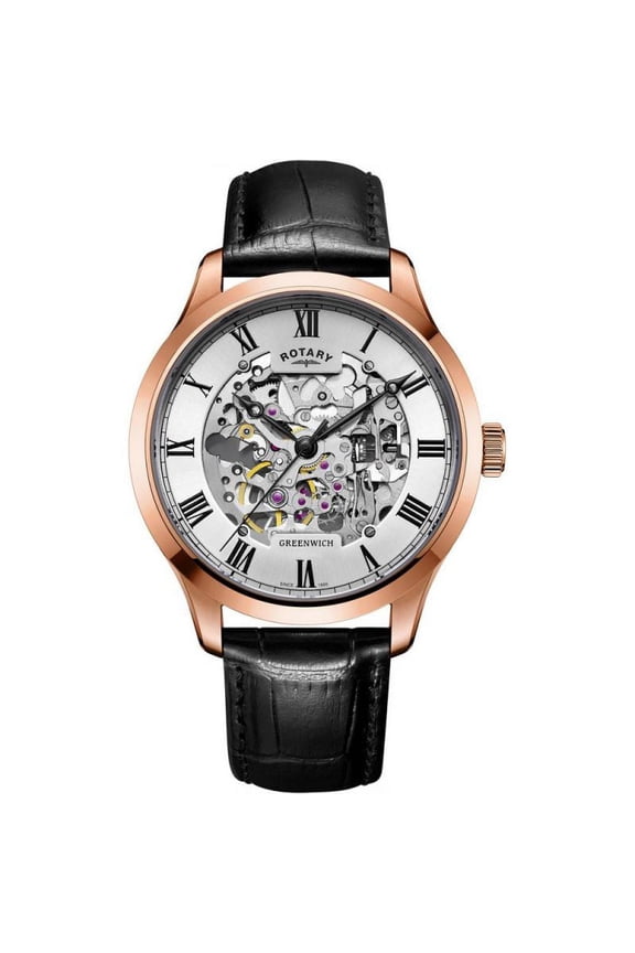Mens Skeleton Automatic Rose Gold Brown Strap GS02942/01