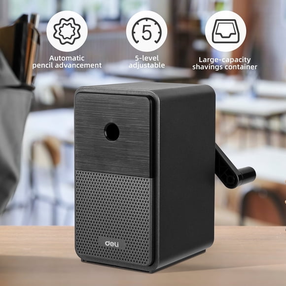 Deli Manual Pencil Sharpener - Auto-in Hand Crank with Adjustable Point, Stronger Helical Blade to Fast Sharpen, Home and Office, Black