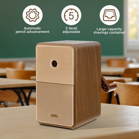 Deli Manual Pencil Sharpener - Auto-in Hand Crank with Adjustable Point, Stronger Helical Blade to Fast Sharpen, Home and Office, Brown