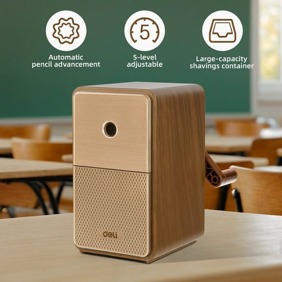 Deli Manual Pencil Sharpener - Auto-in Hand Crank with Adjustable Point, Stronger Helical Blade to Fast Sharpen, Home and Office, Brown