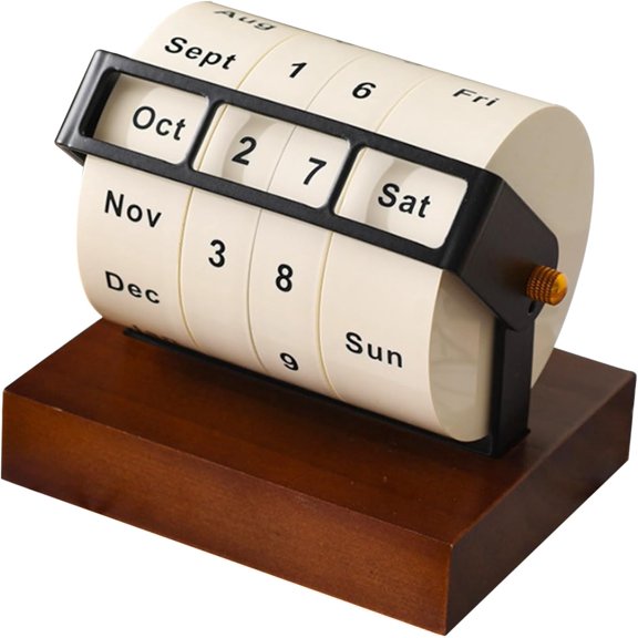Rotary Perpetual Desk Calendar, Wooden Wheeling Calendar Month Week Day Date Display, Reusable Countdown Desktop Calendar for Home
