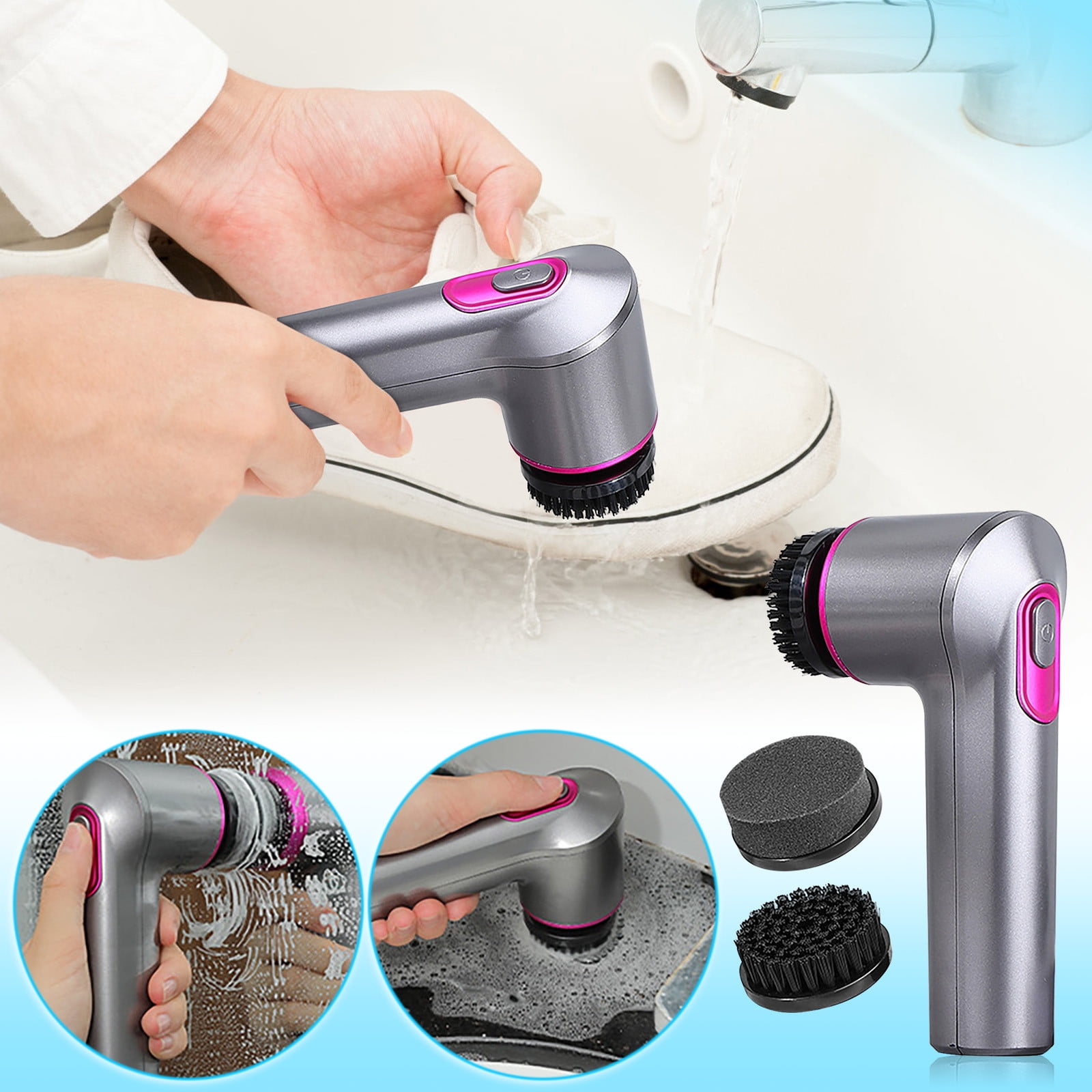 Rotary Scrubber with 3 Replaceable Brush Heads, Small & Lightweight ...