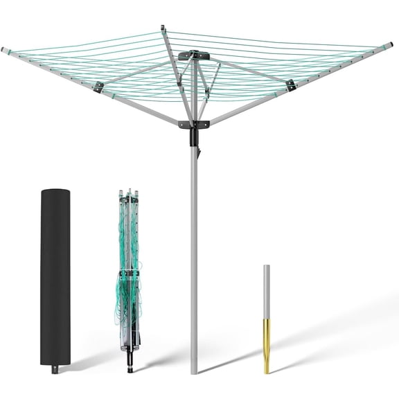 Rotary Umbrella Drying Rack, Adjustable Height Rotary 4-arm Umbrella Clothesline for Laundry Outdoors Dryer Collapsible Clothes Drying Rack | 12-Lines with 165 ft. Clothesline