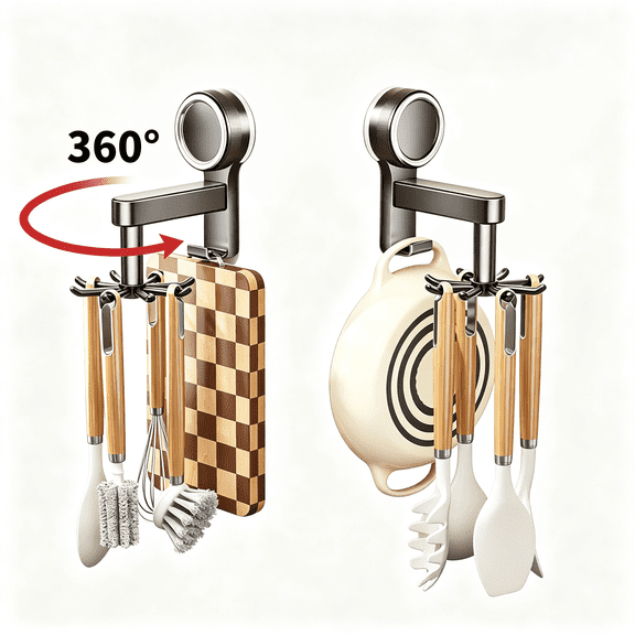 Rotary Utensil Hanger 2 Pack Suction Cup Kitchen Hook Wall Mounted 8 Claw Organizer Rack Electroplated Gunmetal Gray ABS