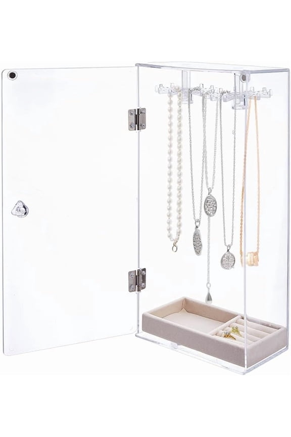 Rotatable Acrylic Necklace Hanging Organizer Storage Boxes Dust-Proof Rotatable Display Case for Pendant Necklaces Rectangle Clear
