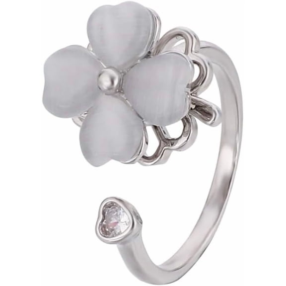 Rotatable CZ Lucky Clover Flower Spinner Ring for Women Silver Plated Rotating Opal Irish Shamrock Stackable Statement Open Wrap Finger Rings Adjustable Fidget Anxiety Relieving Stress Jewelry