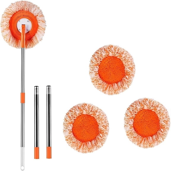 Rotatable Cleaning Mop 1.5m Orange, 3 Mop Heads, Extendable Handle, For Floor Wall Bathroom, 360 Rotation, Microfiber, Household Supplies
