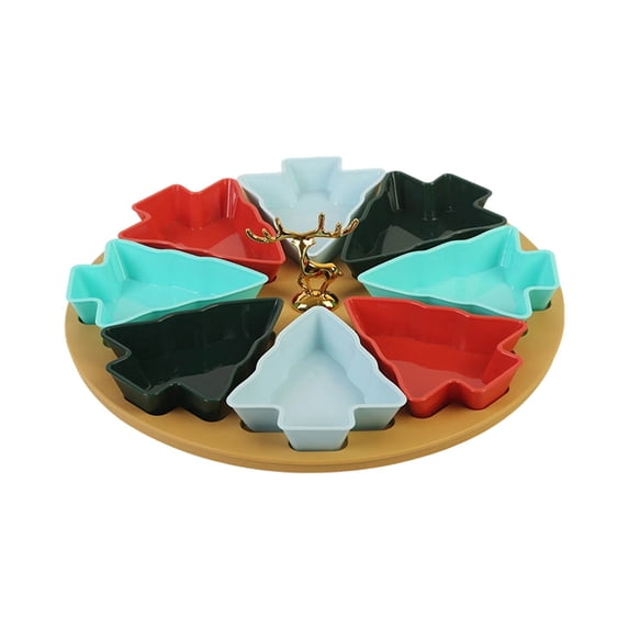 Rotatable Colorful Christmas Tree Plates, Chip & Dip Set Snack Plate with Round Removable Tray, Appetizer Dessert Fruit Salad Saucer Bowls, Cutlery Platter Dish for Holiday Parties