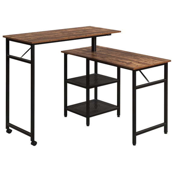 Rotatable Computer Desk with 2 Tier Shelves and Casters, Brown and Black- Saltoro Sherpi