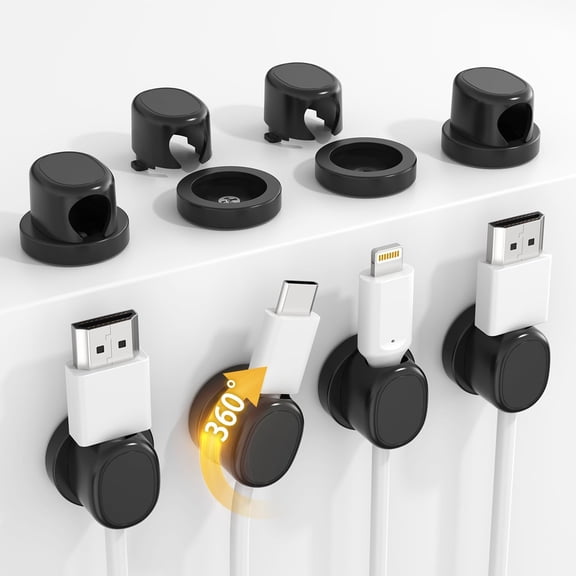 Rotatable Cord Holder, Snap-Lock Clips, 8 Pack Adhesive Cord Organizer, Phone Charger Wire Organizer Keeper for Nightstand Kitchen Office Accessory,Black