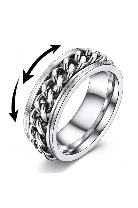 Rotatable Cuban Link Spinner Fidget Ring, Titanium Steel Textured Edge Anti-Anxiety Stress Relief Band, Casual Daily Wear Promise Ring for Men
