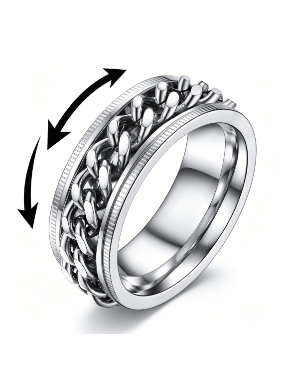 Rotatable Cuban Link Spinner Fidget Ring, Titanium Steel Textured Edge Anti-Anxiety Stress Relief Band, Casual Daily Wear Promise Ring for Men