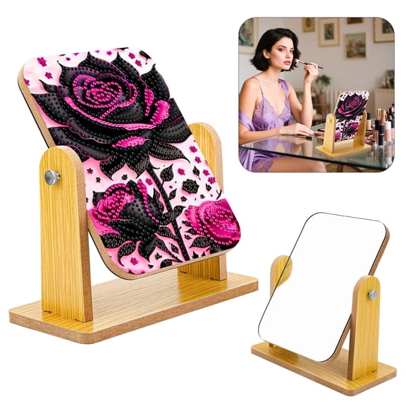 Rotatable Desktop Makeup Mirror, EEEkit Rose Diamond Painting DIY Mirror Kit for Vanity and Home Desk