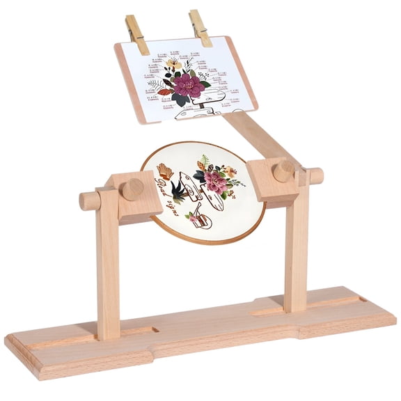 Rotatable Embroidery Hoop Stand, 360-Degree Adjustable Beech Wood Cross Stitch Frame, Desktop Needlepoint Sewing Craft Holder