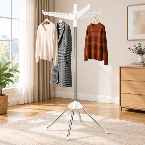 Rotatable and Foldable Clothes Drying Rack 59 Inch Laundry Drying Tree with 27 Hanging Holes, Space-Saving 4-Legged Free Standing Hanger Stand for Indoor, Balcony and Laundry Room