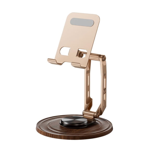 Rotatable Foldable Phone & Tablet Stand, 4-Axis Adjustable Metal Holder with Wood Grain Base, High Precision Damping Desk Mount for Home, Office & Online Learning