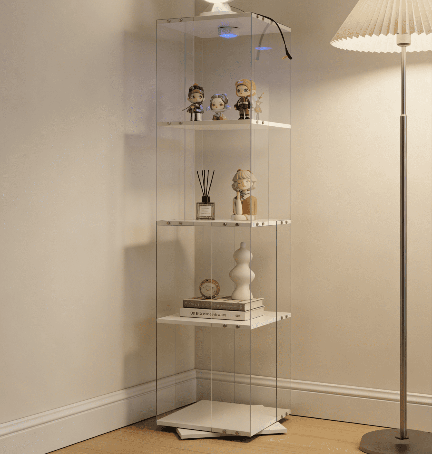 Rotatable Four-Layer Tempered Glass Display Cabinet, White