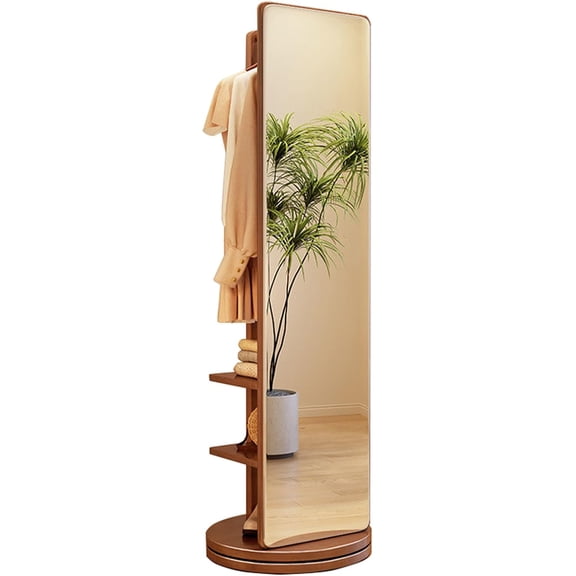 Rotatable Full Length Mirror 360° Swivel with Cloak Rack, Floor Standing Pillar Coat Rack with Full Body Mirrors, Standing Mirror with Round Chassis, Height 166cm (Walnut Color)