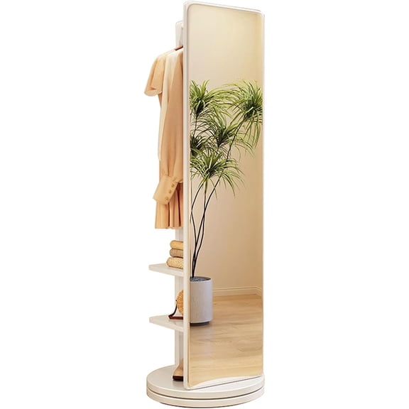 Rotatable Full Length Mirror 360 Swivel with Cloak Rack, Floor Standing Pillar Coat Rack with Full Body Mirrors, Standing Mirror with Round Chassis, Height 166cm (White)