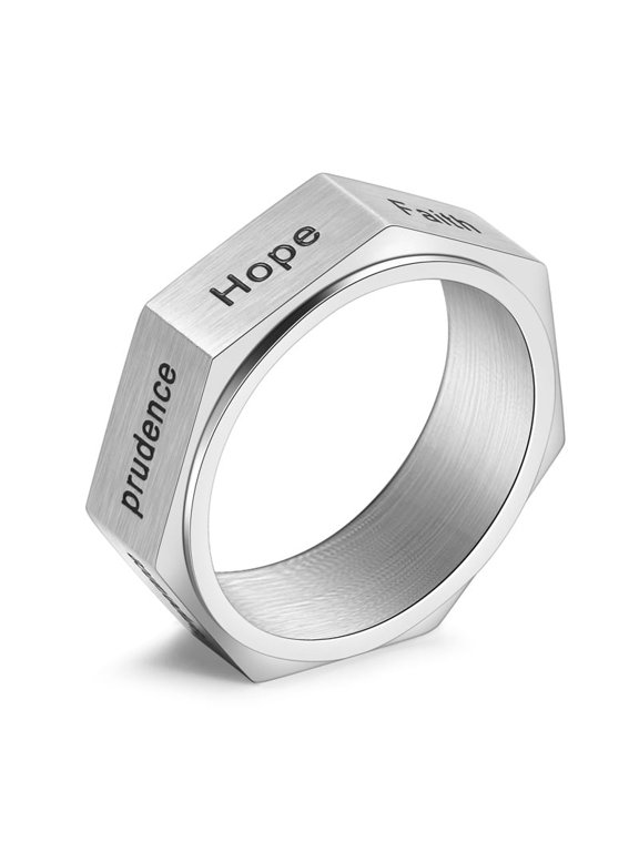 Rotatable Hexagon Spinner Ring, Faith Hope Prudence Engraved Titanium Fidget Band, Anti-Stress Unisex Inspirational Statement Jewelry for Daily Wear & Gifting Size 13