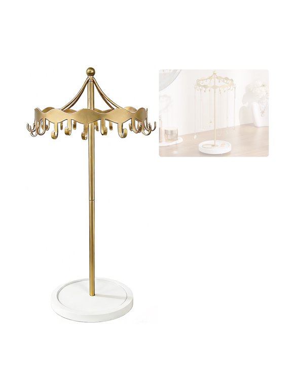 Rotatable Jewelry Tree Stand with Gold-Color Finish, Multiple Necklace Hangers, and a Round Bottom Tray for Earrings and Other Small Jewelry
