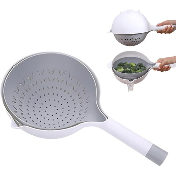 Rotatable Kitchen Colander Strainer Bowl: Double Strainer - Soak,Wash and Drain, Fruit Washing Bowl with Strainer, Drain Basket Pasta Strainer with Handle for Rice Food Vegetable Pasta (Grey)