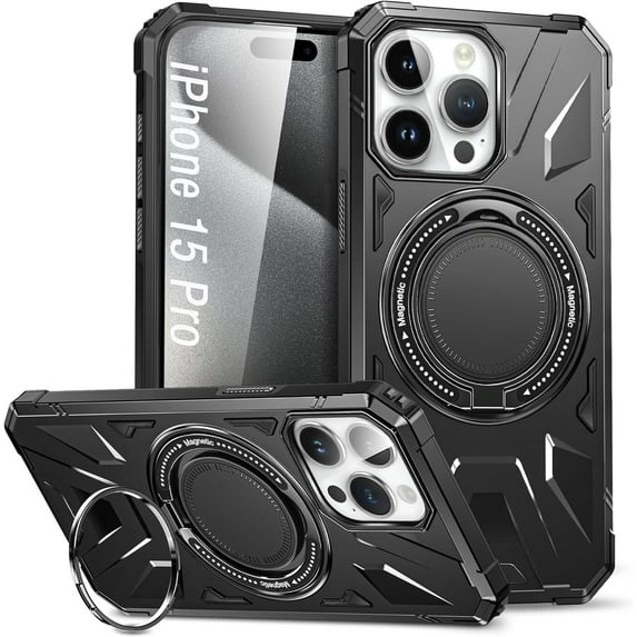 Rotatable Magnetic Ring Case for iPhone 15 Pro,Compatible with MagSafe with 360° Ring Stand Shockproof Phone Cover Case for iPhone 15 Pro Black