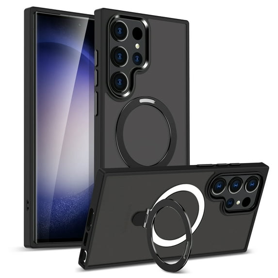 Rotatable Magnetic Ring Stand for Samsung Galaxy S25 Case, Compatible with MagSafe, Military Drop Protection, Shockproof Matte Translucent Case for Samsung Galaxy S25 Cover, Black