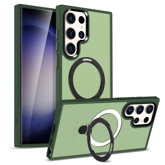 Rotatable Magnetic Ring Stand for Samsung Galaxy S25 Ultra Case, Compatible with MagSafe, Military Drop Protection, Shockproof Matte Translucent Case for Samsung Galaxy S25 Ultra Cover, Darkgreen