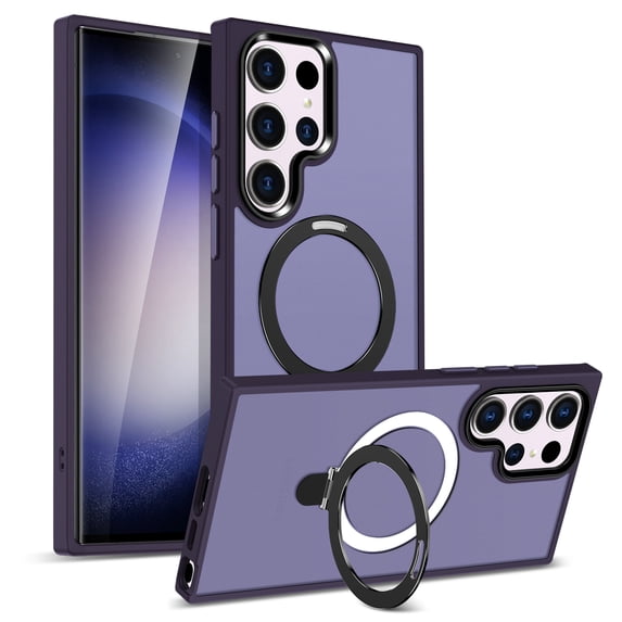 Rotatable Magnetic Ring Stand for Samsung Galaxy S25 Ultra Case, Compatible with MagSafe, Military Drop Protection, Shockproof Matte Translucent Case for Samsung Galaxy S25 Ultra Cover, Darkpurple