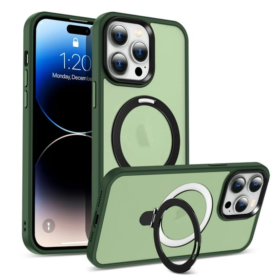 Rotatable Magnetic Ring Stand for iPhone 15 Case, Compatible with MagSafe, Military Drop Protection, Shockproof Matte Translucent Case for iPhone 15 Phone Cover, Darkgreen