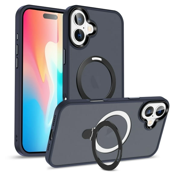 Rotatable Magnetic Ring Stand for iPhone 16 Plus Case, Compatible with MagSafe, Military Drop Protection, Shockproof Matte Translucent Case for iPhone 16 Plus Phone Cover, Blue