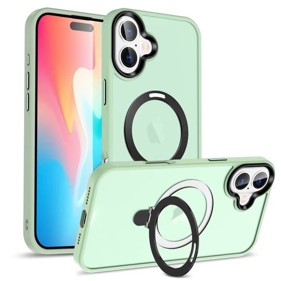 Rotatable Magnetic Ring Stand for iPhone 16 Plus Case, Compatible with MagSafe, Military Drop Protection, Shockproof Matte Translucent Case for iPhone 16 Plus Phone Cover, Lightgreen