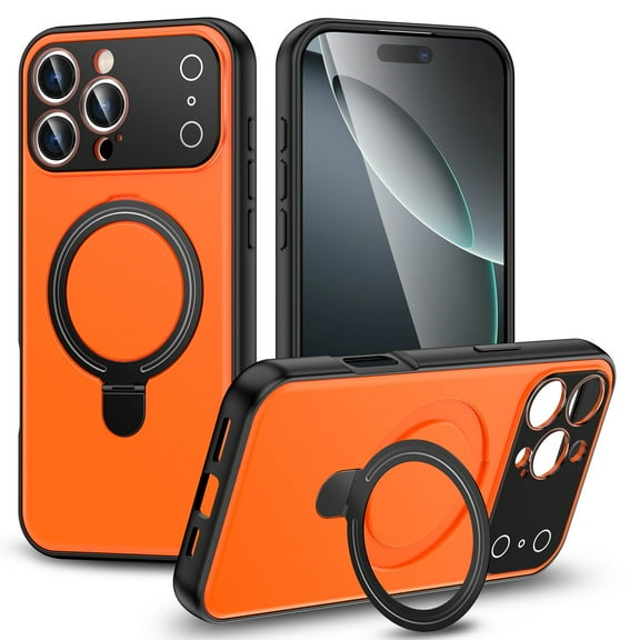 Rotatable Magnetic Ring Stand for iPhone 17 Pro Max, Military Grade Drop Protection, Magnetic Case Compatible with Mag-Safe, Shockproof Rugged Phone Cover for iPhone 17 Pro Max, Orange