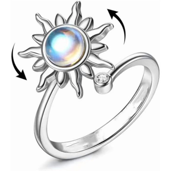 Rotatable Moonstone Sun Flower Stackable Statement Ring for Women Silver Plated Crystal Open Band Spinner Finger Rings Comfort Fit Adjustable Opal Fidget Anxiety Relieving Stress Chic Jewelry
