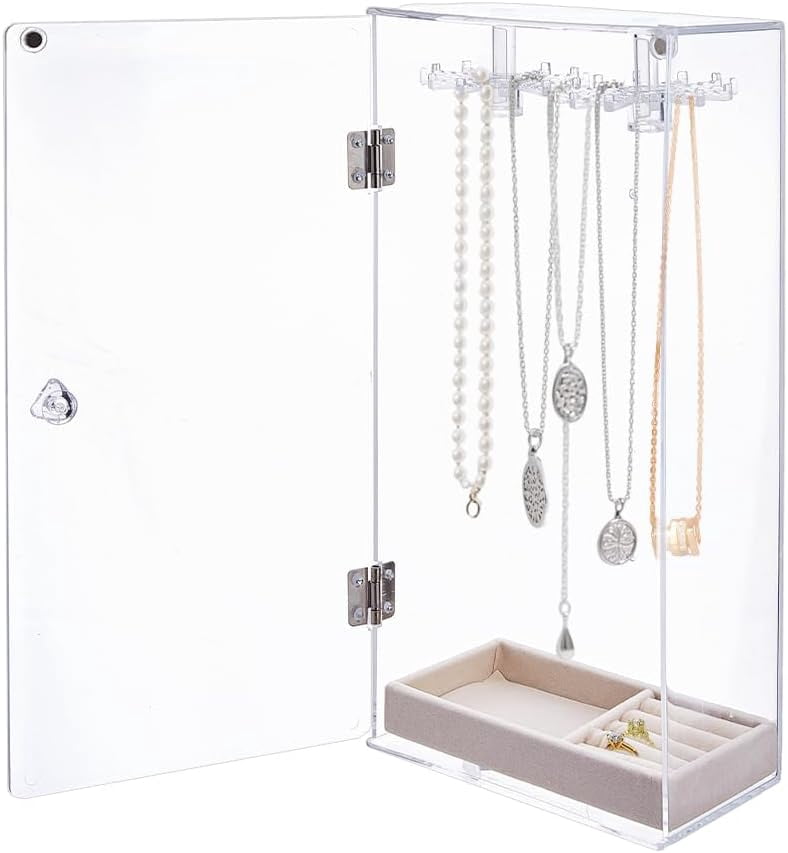 Rotatable Necklace Holder Organizer Acrylic Jewelry Organizer with 24 Hooks Clear Dust-proof Jewelry Storage Case with Velvet Tray for Long Necklaces Pendant Bracelets