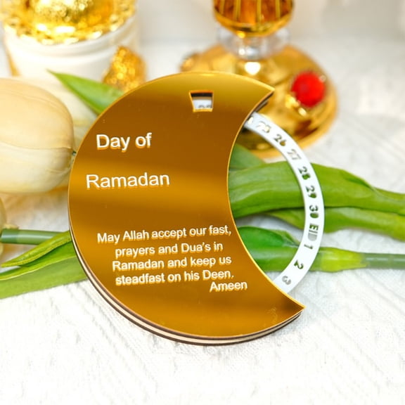 Rotatable Ramadan Countdown Calendar | Wooden Acrylic Round Festival Reminder | Gold Black White Desktop Home Party Decor 12x12cm