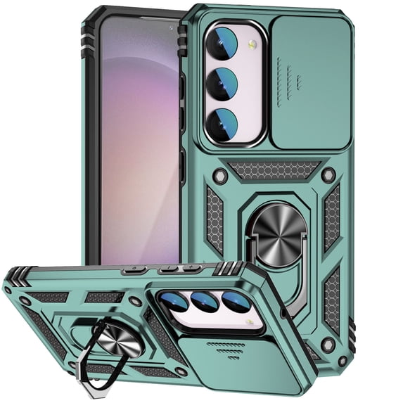 Rotatable Ring Holder Case for Samsung Galaxy S25+ with 1 Pack Screen Protector, Military Grade Drop Protection Slide Camera Cover Anti-Scratch Stand Case Support Magnetic Car Mount, Green