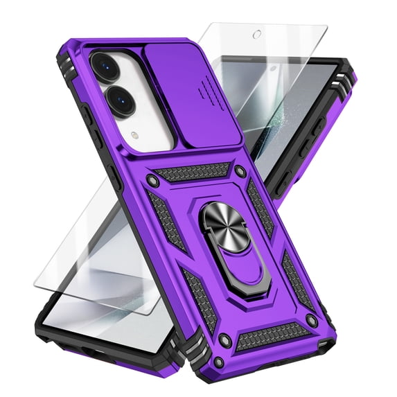 Rotatable Ring Holder Case for Samsung Galaxy S25 Edge with 1 Pack Screen Protector, Military Grade Drop Protection Slide Camera Cover Anti-Scratch Stand Case Support Magnetic Car Mount, Purple