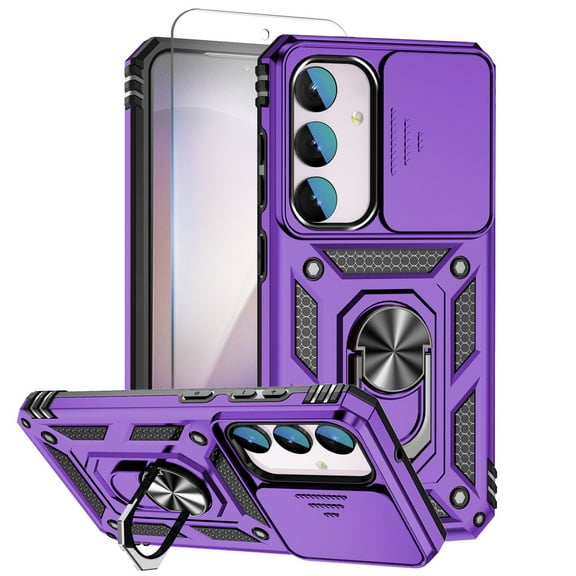 Rotatable Ring Holder Case for Samsung Galaxy S25 FE with 1 Pack Screen Protector, Military Grade Drop Protection Slide Camera Cover Anti-Scratch Stand Case Support Magnetic Car Mount, Purple